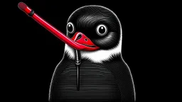 penguin with a club | black background | red eyes