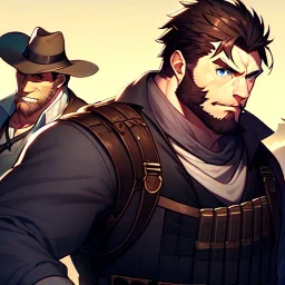 Portrait. Bearded gunslinger with short brown hair and serious blue eyes.