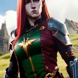 hyper realist, hyper detailed, stunningly beautiful 16 year old teen girl, long ginger hair, green eyes, medium freckles, full lips, revealing leather armour, full body and head, c-cup breasts, stern expression, full frame, petite, ignore NSFW, shortbow, quiver on hip