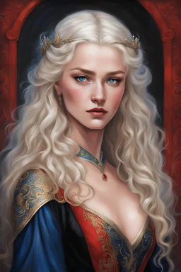 painting, Maegelle Targaryen, 16, epitomizes Targaryen allure with her golden locks, striking blue eyes, and a soft high cheeks. Her slender frame, adorned with delicate features, accentuates her royal elegance, while her graceful movements reflect youthful innocence and curiosity. She wears flowing black and red gowns in silk and embroidery