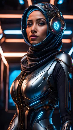 Ultra-detailed benevolent cyborg hijab in a spaceship, with anthropomorphic cybernetic elements on metal armor, neon lights reflections, reflection mapping, intricate design and details, dramatic lighting, Cinematic lighting, Volumetric lighting, Epic composition, Photorealism, Bokeh blur, Very high detail, Sony Alpha α7iv, ISO1900, Character design, Unreal Engine, Octane render, HDR, Subsurface scattering, by addie digi