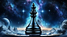 Hyperrealistic illustration of one giant queen chess piece floating in the big galaxy, deep dark universe with stars and nebula, fantasy, dramatic atmosphere. The overall scene moody and surreal, with intricate stunning textures on the queen chess highlight its grandeur and mystery. white-blue mist aura around the giant queen chess piece detailed, stunning illustration