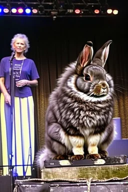 half human rabbit combined within one animal::30", super realistic, old grainy photo of real animal that is wild and angry to be on stage with other humans