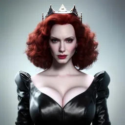 Christina Hendricks as evil queen in black leather gown, feminie, angry, stern look on her face, volouptous, busty, cleavage, emperious, mature unreal 5, octane render,cinema4d, dynamic lighting, dramatic lighting, 4k, redshift render, highly detailed, hyper realistic, in space