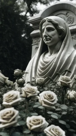 A grave with a statue of a woman behind it, and above it a white lace scarf and seven white roses. Cinematic picture