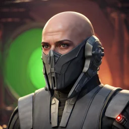 a bold and heroic bald male Corellian pilot in black and metallic grey First Order special forces gear meets a female Jedi Master in ancient, mystical temple, hyperdetailed, dynamic lighting, hyperdetailed background, 8k resolution, volumetric lighting, light skin, fully symmetric details