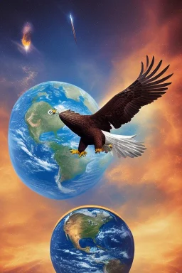 Eagle is flying in the space and is holding the earth in his claws. Surrealism.