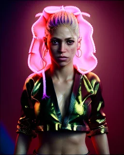 portrait, Shakira, blonde artist, angry, Realistic image, MMA robe, hoodie, mma gloves, fight pose, make-up make-up, gold line make-up, sweat, fog, goddess style, Neon colors, leds. Black background, photo studio, concept art, smooth, unreal engine 5, god lights, ray tracing, RTX, lumen lighting, ultra detail, volumetric lighting, 3d, finely drawn, high definition, 4k.