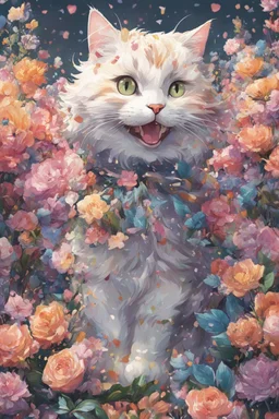 high resolution,best quality anime, highres,Full Body, 8k character concept,8k, pixiv, illustration, ultra-detailed, face focus,Line Art,Ink,acrylic painting,pastel painting,mysterious,elaborate,dof,Laughing cat with a bouquet of flowers,confetti of flowers, kawaii, thick eyebrows, smile, pastel colors, pop art, anime style, very delicate brushwork, clear, vivid, face Clear