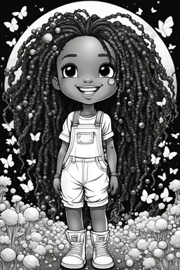 Create a coloring page of a abstract illustration of a chibi cartoon black young girl smiling wearing overalls and boots. . Highly detailed sister locs. Background of a large bubbles and butterflies all around her, black and white