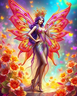 Masterpiece art amazing art picture in Luxurious 3d colorful fractals sharp colors,vibrant colors,rainbow neons colors standing pose sweet pose a adorned carnival fairy wings queen hair purple, golden shiny adorned,in fractals 3d outside ,fractals colorfull,Fully of flowers,butterflies,leaves in 3d outside fractals neons vibrant colorful backgrounds