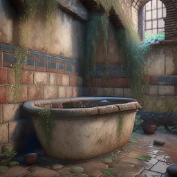 professional photography of an ancient bath,vines on the wall, wet brick walls, unreal engine 5, 8k resolution, photorealistic, ultra detailed