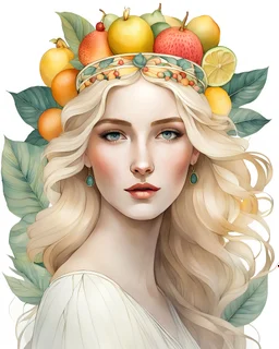 create an ethereal, light illustration of a divine blonde female with soft facial features, on a plain white background surrounding her, in the style of CHARLES RENNIE MACKINTOSH, with a crown of tropical fruits, painted in a faded colors,