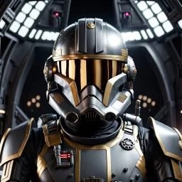 star wars bald male corellian pilot wearing dark gunmetal grey and black First Order special forces TIE pilot armored flightsuit and helmet with gold trim inside the jedi temple, centered head and shoulders portrait, hyperdetailed, dynamic lighting, hyperdetailed background, 8k resolution, volumetric lighting, light skin, fully symmetric details