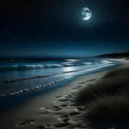 A tranquil beach at night, illuminated by a full moon and stars, with gentle waves lapping at the shore.