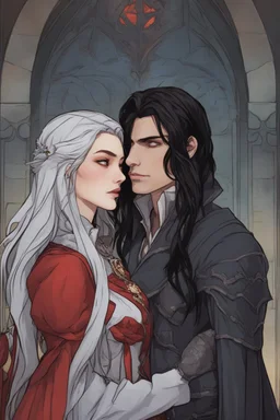 A couple from the dnd game curse of Strahd kissing. She has white hair he has long black hair.