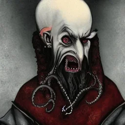 Nosferatu vampire with a beard made of tentacles as a Russian Orthodox with vampire fangs