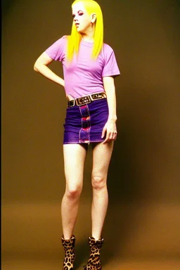 year 1996 denim fashion. Loose skirt, low waist. Combat t-shirt. Colors: denim blue, blue, purple, cream, khaki, light green, lilac, plum, orange, terracotta, red, light yellow, pink, dark blue, beige. Latex in small part. Something between camouflage and cheetah prints.. Gwen Stephani, Shirley Manson.