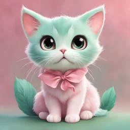 A charming digital art piece showcasing the cuteness of a mint-colored cartoon cat, set against a soft and inviting pink background, (charming digital art:1.4), (cute cartoon cat:1.5), (soft and inviting pink:1.3), (expressive mint hues:1.2), drawing inspiration from the styles of cute and whimsical illustrators, trending on CGSociety, Intricate, Sharp focus, warm lighting, (captivating:1.4), (playful details:1.5), (lush fur details:1.3), Cartoon, Masterful, Captivating, Photorealistic, Ultra-de