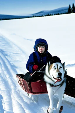 Matthew (niño) y Margaret (niña) viajan en un trineo tirado por un husky por un paisaje nevado