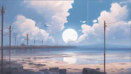 giant half transparent moon, glitchy, blurry, mechanical, sci-fi, maximum quality, centered on frame, far view, seasidel, white sky with cumulonimbus, anime, makoto shinkai style, japanese pier, rusty, decrepit, foggy