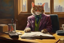 cat secret agent joker in an office in sunshine, very detailed, oil painting