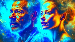 old worn canvas, mixed media, multiple exposure, layered, embossed, fine art luminous soft watercolor, glitter, mid ground, luminosity, highlights, shine, light effects, gold fragments, fine art luminous, portrait of Man and Woman, wind, blue space, clear lines, layered, blending, textured, surreal, 3D, 8K, best quality, fine rendering, high detail, hyperrealism, high resolution, high definition, layered, pin sharp, hyperfocus, vignette
