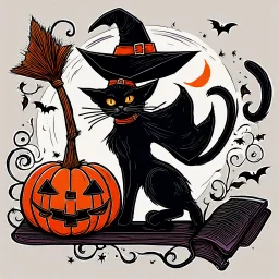 A detailed illustration of a print of a colorful cute black cat rides a broom has orange eyes and it wear witch hat and hold a book and peen next to a cute Halloween Pumpkin, hyper realistic high quality, t-shit desing graphic, vector, carton, contour, fantasy swirls splash, modern t-shirt design, in the style of Studio Ghibli, light white red and green pastel tetradic colors, 3D vector art, cute and quirky, fantasy art, watercolor effect, bokeh, Adobe Illustrator, hand-drawn, digital painting,