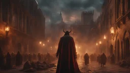 a demon leading an army of the dead through a burning medieval city. the apocalypse. empty hands. blood. magic in the sky. fantasy setting. intense horror. blind terror. scared to death. a masterpiece, fantasy concept art, dynamic lighting, hyperdetailed, intricately detailed, deep color, Unreal Engine, volumetric lighting, Epic cinematic brilliant stunning intricate meticulously detailed dramatic atmospheric maximalist digital matte painting