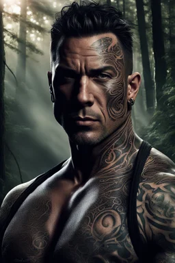 Jason David Frank Very muscular man with short hair and tribal tattoos in armani suit in forest, realistic face, close-up, dark fantasy, smoke in the sky, intricate details, hyper detailed