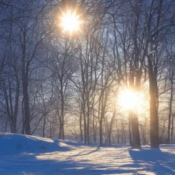 winter landscape, crystal, sun, hyperreal