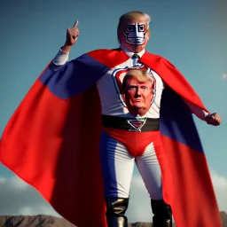 realistic image of donald trump as a mexican wrestling fighter posing outdoors, Mexican eyes wrestling mask, red and blue breeches, confederate flag cape, retro style, 80s, vibrant color, highly detailed, sky background, concept art, unreal engine 5, god rays, ray tracing, RTX, lumen lighting, ultra detail, volumetric lighting, 3d, finely drawn, high definition, high resolution.