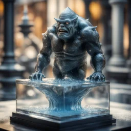 giger escher ogre sculpture in transparent murano glass beeing sprinkled by fountain inside frozenglass box,bokeh like f/0.8, tilt-shift lens 8k, high detail, smooth render, down-light, unreal engine,bokeh like f/0.8, tilt-shift lens 8k, high detail, smooth render, down-light, unreal engine