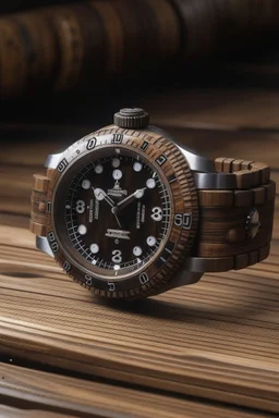 A submarine watch on a rustic wooden surface, evoking the sense of adventure and maritime heritage.