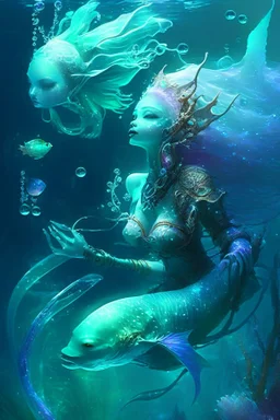 hybrid elf +Mermaid Diver, Weightless Swim, Bioluminescent Sea, Transparent Skin