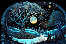 graphic drawing winter fantastical landscape, moon, round tree crowns, ice flowers, cold colors, a flat image with careful drawing and tracing of every detail, black background, cosmic bright color, folk art, Epic cinematic brilliant stunning intricate meticulously detailed dramatic atmospheric maximalist digital matte painting, perfect composition, masterpiece