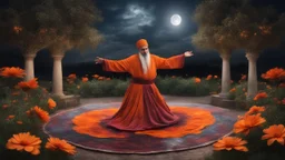 Hyper Realistic Sufi Whirling with Orange & Maroon painted cloth Islamic Sufi Rustic Grungy in a beautiful flower garden at dark night with water-fountain & starts on sky