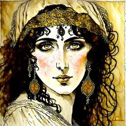 Beautiful woman gypsy shaman with big brown eyes, Subdued lighting. Muted color palette. Modifiers: elegant intricate very attractive beautiful award winning fantastic view hyperrealistic ultra detailed high definition matte background watercolor Arthur Rackham Gustav Klimt pen and ink Johannes Vermeer Aubrey Beardsley