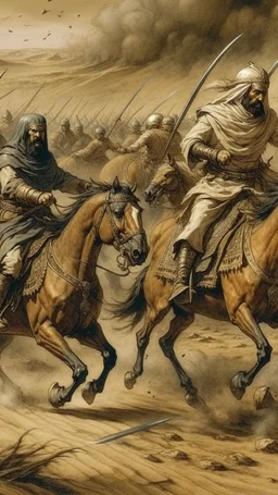 A picture of an Islamic battle with swords and horses, in the desert