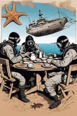 An image of a dried up ocean, 2 divers with full gear are having tea at a round table, background are dead fish, a ship reck, starfish