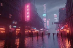 3D, beautiful, light reflecting, empty future city at night, rainy night, neon, cyberpunk, tron, cyborgs walking, 8k, finely detailed, photo realistic