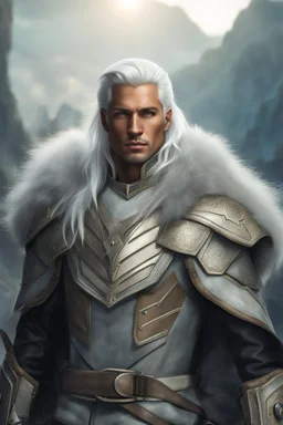 Male Tan Human, White Hair, Handsome Face, NO Helmet, No beard.