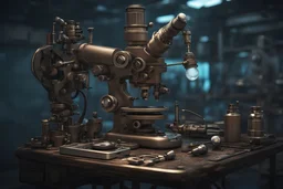 futuristic microscope and other laboraory gadgets ob a bench , 16k, 3d rendering, expressively detailed, futuristic, steampunk, cyberpunk, dynamic light, expressive lighting,