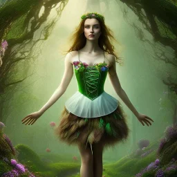 delicate hands with fruit soup, headband, upper body of dark celtic alice in wonderland, fast walker, as a brunette young cute feminine woman, short hair, green forest background, pond, mega flowers,peacock,sun light