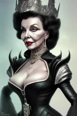 Joan Collins as evil queen in black leather, leather, busty, cleavage, angry, stern look. character design by cory loftis, fenghua zhong, ryohei hase, ismail inceoglu and ruan jia. unreal engine 5, artistic lighting, highly detailed, photorealistic, fantasy