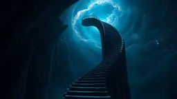 Stairs between heaven and hell, a big vertical spiral staircase made of indefinable material, the end of which cannot be seen, connecting the hellish dark depths with the endless dark blue universe, higg detailed, surreal, dark vibe, cinematic