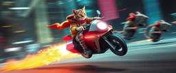 hi speed rocket ship on leaning scooter in a swing, coated cat captain in high speed pursuit among neon rat cyber soldiers, with background motion blur