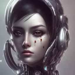 wonderfull portrait only woman half face robot rust, long black hair, intricate, sci-fi, cyberpunk, future,