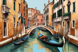 Pastel paint picture city of Venice, Italy, with waterways and unique architectural palaces. Gondolas, the iconic Venetian flat-bottomed rowing boats, can be seen navigating through the narrow canals. The city's charming traditional architecture, ornate buildings and majestic bridges, stunning, beautifull picture in vintage style, pastel painting with grey ink