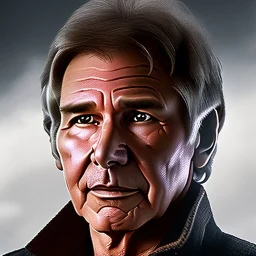 8K space background with stunning photo realistic detailed head to waist portrait of harrison ford as han solo in star wars with photo realistic short hair by Luigi Lucioni, Pat Kelley, Sharp focus, brown eyes, weathered skin,space jacket from star wars, cinematic lightning